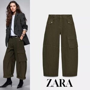 Zara Dark Green Wide-Leg Cargo Trousers bloggeres favorite